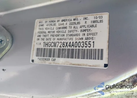 2004 Honda Accord 2.4 Ex из США, поврежденный, VIN 1HGCM726X4A003551